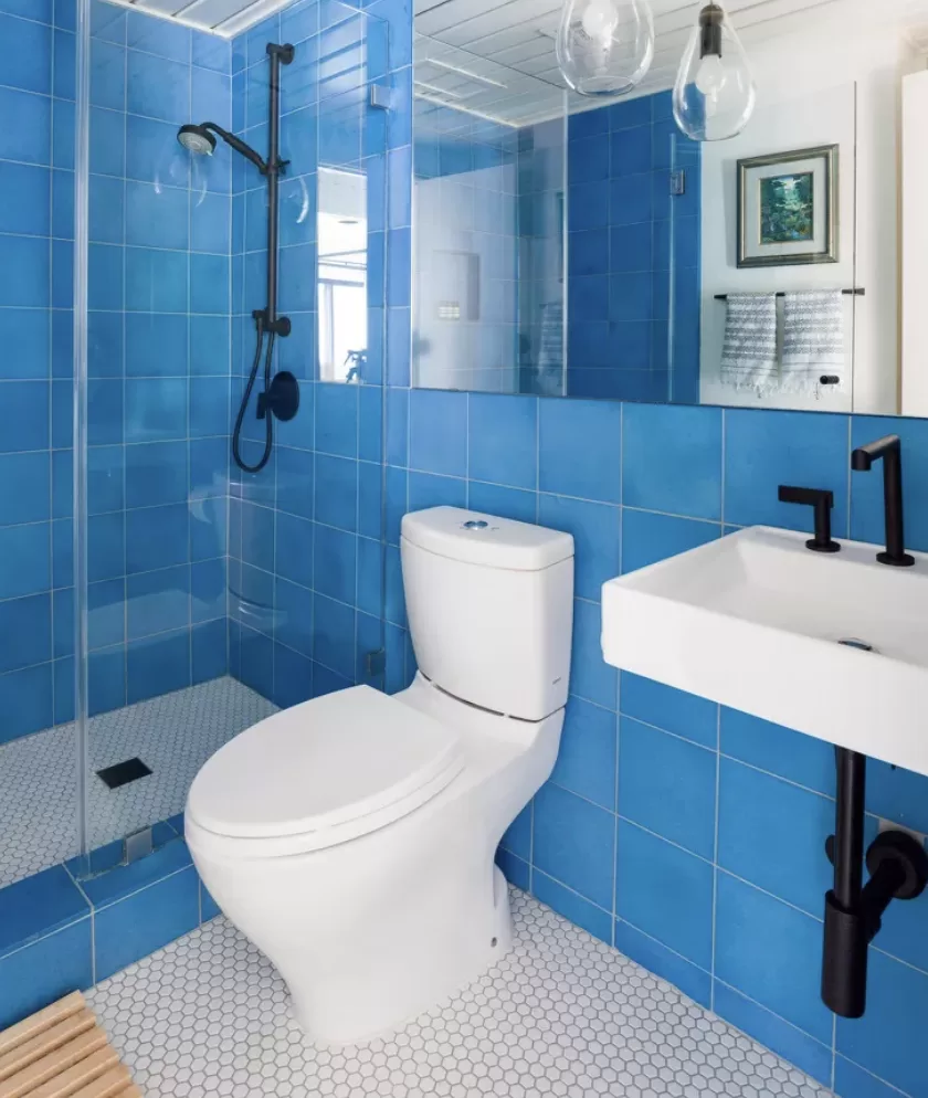 a attic bathroom with blue walls and wood flooring, including the toilet and shower area